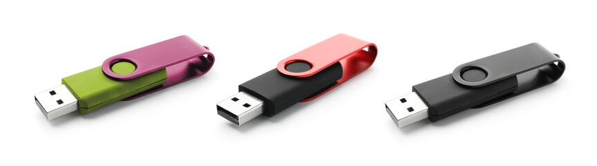 Colorful flash drives isolated on white, collage