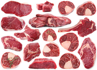 Pieces of raw beef meat isolated on white, collage