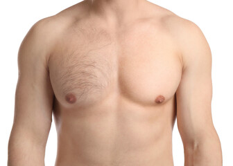 Before and after epilation procedure. Man showing chest with left side unshaven and right smooth on white background, closeup