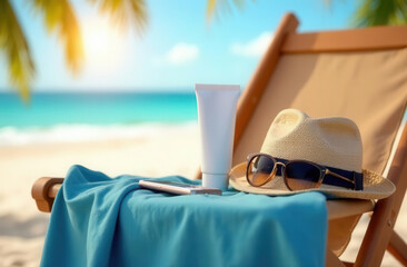 A clean tube of SPF cream stands on a beach chair, on the background in a blur of the sea, sand, palm branches, mockup
