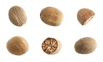 Nutmeg seeds on white background, set. Aromatic spice