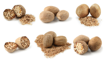 Nutmeg seeds on white background, set. Aromatic spice