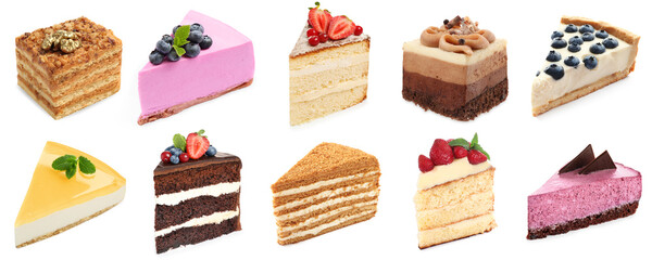 Different tasty cakes isolated on white, set