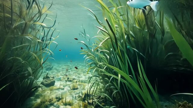 Underwater scene with vibrant seagrass and fish
