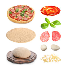 Pita pizza and raw ingredients isolated on white, collage