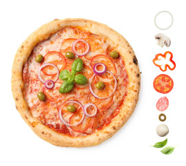 Delicious pizza and raw ingredients isolated on white, collage