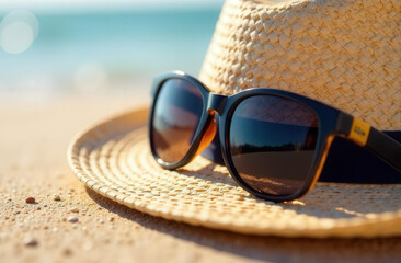 Sunglasses lying on a straw hat on the beach, close-up