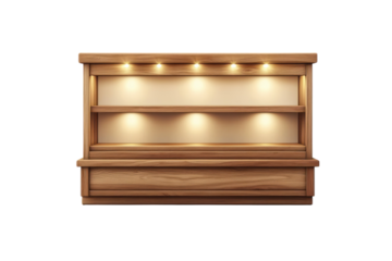 A welcoming wooden display case illuminated from within ready to showcase treasures and on transparent background