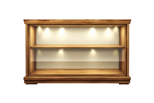 A captivating vintage wooden display case ready to showcase cherished collectibles with warm on transparent background
