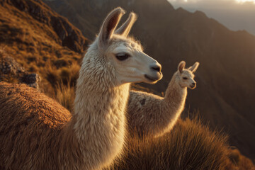 Close-up of two llamas standing in golden mountain grasslands during a peaceful sunset in the high Andes.