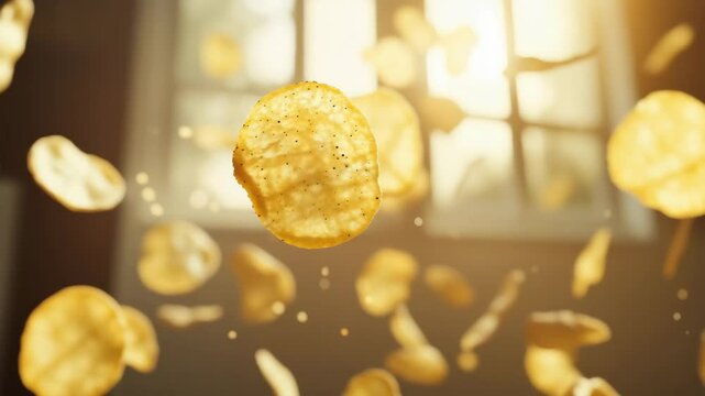 Golden potato chips cascading in sunlit room, crisp textures in motion