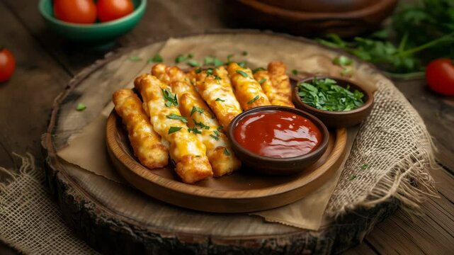 Cheesy breadsticks and fresh herbs arrangement on rustic wooden table with tomato dipping sauce
