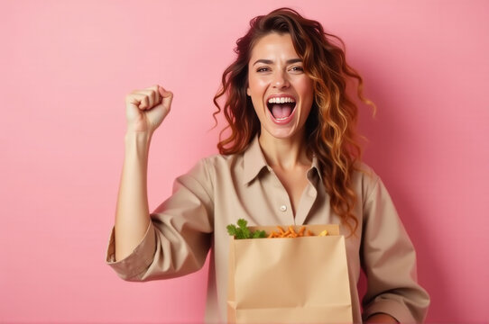 A woman holds a paper bag filled with fresh vegetables