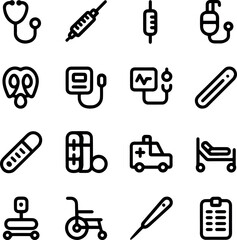 Medical icons set healthcare symbols collection hospital equipment illustration iv ecg nurse pills