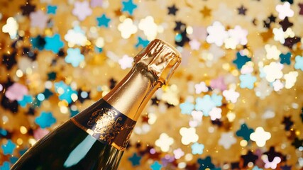 Sparkling champagne bottle with burst of colorful confetti on festive celebration - Powered by Adobe