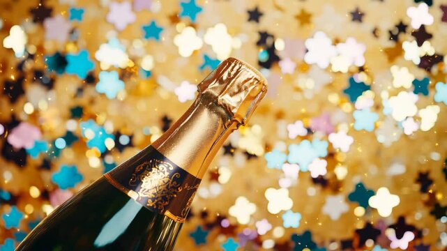 Sparkling champagne bottle with burst of colorful confetti on festive celebration