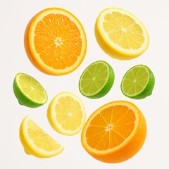 Citrus Slices Floating on White Background – Isolated Orange, Lemon and Lime for Skincare, Vitamin and Drink Ads