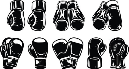 Silhouette boxing glove collection with varied pairs and positions, perfect for training graphics, sports identity packs, and visual storytelling tools