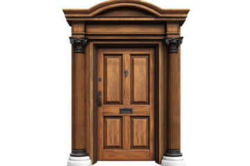 An imposing handcrafted wooden door beckons with the promise of untold stories within an old on transparent background