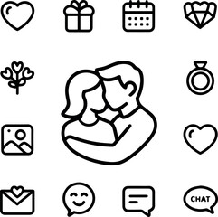 Romantic couple embracing love valentine day wedding anniversary hug art date kiss icon line heart