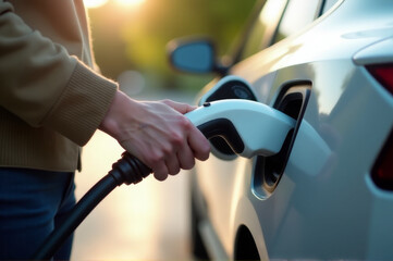 A person is charging their electric vehicle with an electric charger, a modern and eco-friendly way to power up