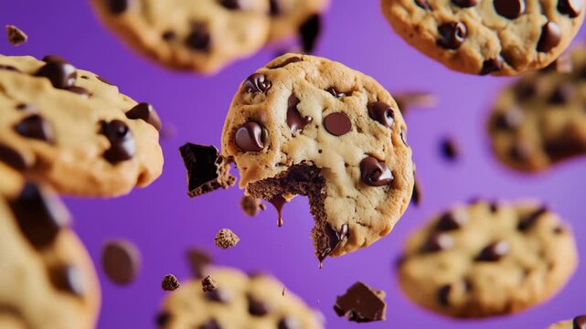 Chocolate chip cookies in flight: dynamic freeze of crumbling delights against purple backdrop