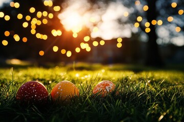 Colorful Easter Eggs on Grass With Sunlight and Glowing Lights in the Background.