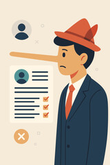 Pinocchio Resume Lie Fraud. Exaggeration in Job Application. False Information, Fake Employment History. Deception. Business Concept. Job Interview. Unemployment.