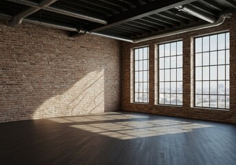 Empty Industrial Loft Room with Exposed Brick Walls, Large Grid Windows, and Sunlight