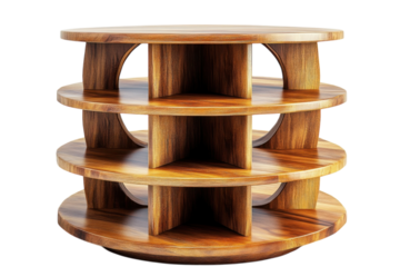 An elegant three tiered wooden display stand showcasing natural wood grain perfect for on transparent background
