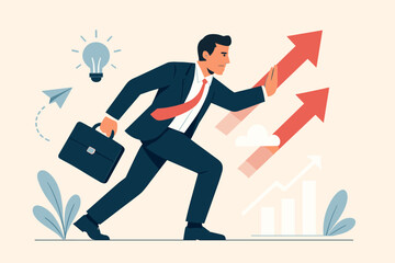 Ambitious businessman concept. Career progress, corporate growth. Executive with briefcase moving upward. Success strategy, innovation lightbulb, startup launch. Financial development. Vector.