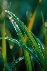 Morning Dew Glistens on Green Grass Blades in a Tranquil Garden
