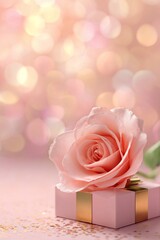 Romantic Pink Rose Rests on a Small Gift Box With Golden Ribbon in a Dreamy Background