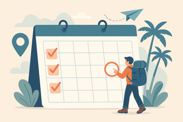 Miniature backpacker plans adventure. Man marks date on giant calendar. Travel, vacation schedule, holiday booking, journey organization. Tourist itinerary, checklist, destination. Flat vector art.