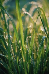 Morning Dew Glistens on Green Grass Blades in a Tranquil Garden.