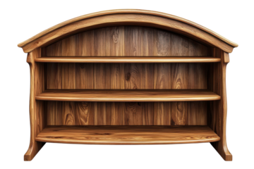 A meticulously crafted wooden bookshelf radiating warmth awaiting beloved books on its three on transparent background