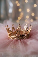 Elegant Golden Crown Resting on Soft Pink Fabric With Sparkling Background Decorations.
