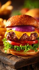 Delicious Cheeseburger With Fresh Vegetables and Golden Fries Served on Wooden Table.