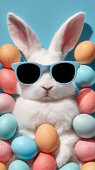 Bunny Wearing Sunglasses Surrounded by Colorful Eggs During Easter Celebration
