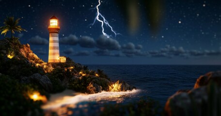 Lightning Strikes Near a Lighthouse During a Storm at Night.