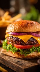 Juicy Cheeseburger With Fresh Toppings Served Alongside Golden French Fries in a Rustic Setting