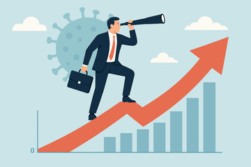 Economic recovery after pandemic: Businessman with telescope forecasts growth on upward arrow chart. Business leader vision for financial success, overcoming coronavirus crisis. Strategy concept.