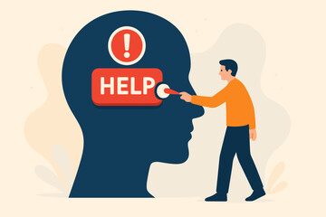Mental health awareness vector. Man pulls emergency help switch in human head. Concept for psychological support, therapy, crisis intervention, emotional wellbeing, and mind care.