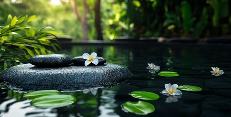 Tranquil Water Garden With Stones and Flowers in a Lush Green Setting.