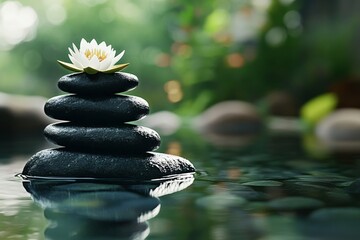 Serene Stack of Stones With a Lotus Flower on Top for Relaxation and Meditation in a Calming Environment.