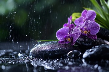 Beautiful Purple Orchids With Water Droplets on Dark Stones in Serene Setting.