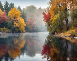 Autumn river reflections misty fall foliage