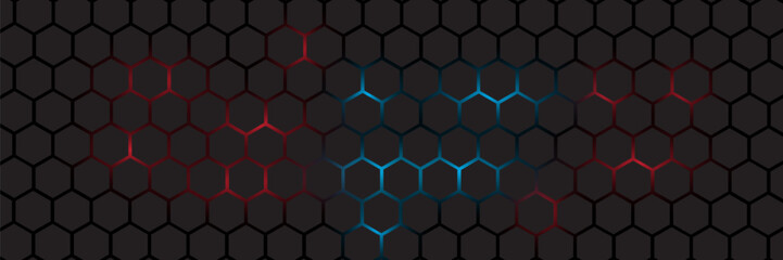 Abstract dark hexagon pattern on red neon background technology style. Modern futuristic geometric shape web banner design. You can use for cover template, poster, flyer, print ad. Vector illustration
