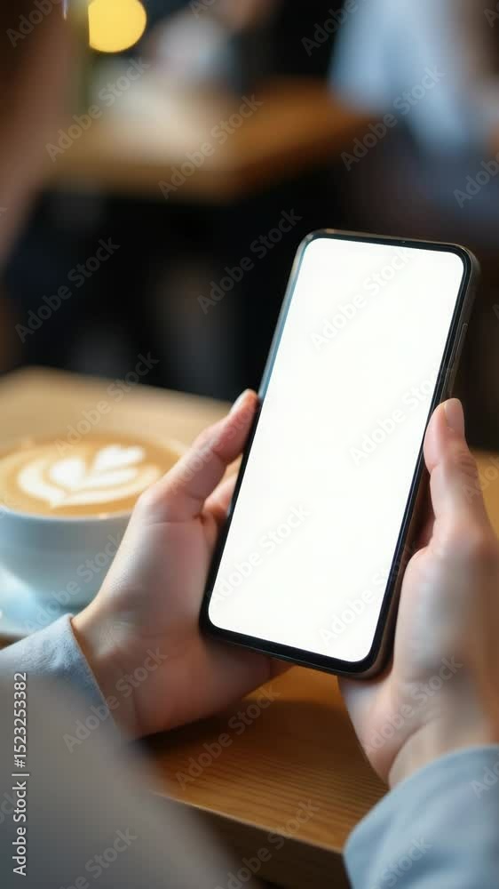 Poster a person holding a cell phone with a blank white screen, great for tech and communication concepts