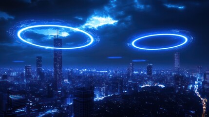 Futuristic cityscape under a stormy, blue-lit sky with floating, glowing rings overhead